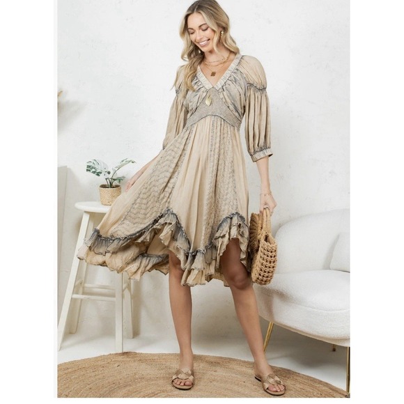 Young Threads Dresses & Skirts - Young‎ Threads Cream Stone Washed Elastic V-neck Midi Dress Cowgirl Boho